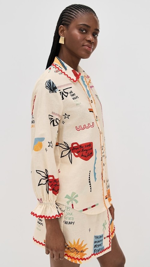 Sample Collar Neckline Long Sleeve Button Placket Irregular Print Daily Tops