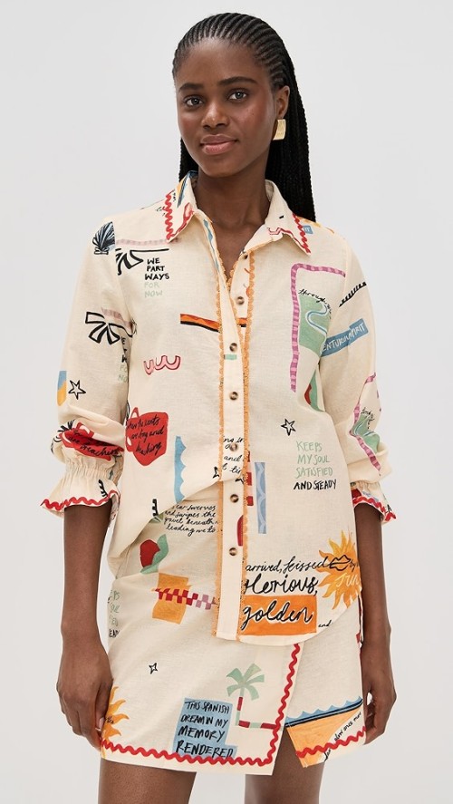 Sample Collar Neckline Long Sleeve Button Placket Irregular Print Daily Tops