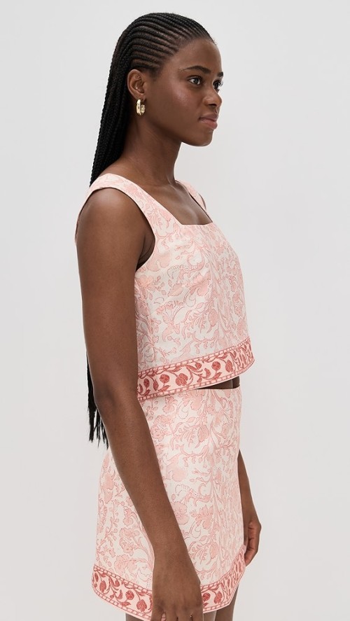 Elegant Square Neckline Sleeveless High Waist Floral Print Luxury Tops