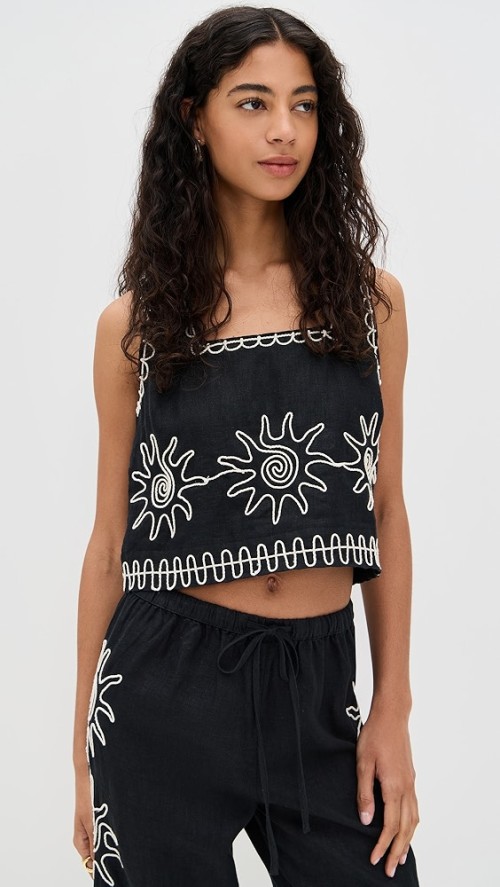 Daily Sample Square Neckline sleeveless High Waist Sun Embroidered Casual Tops
