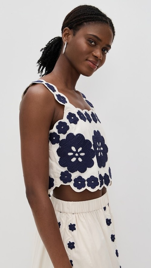 Sample Daily Square Neckline sleeveless Ties At Back Floral Embroidered Casual Tops