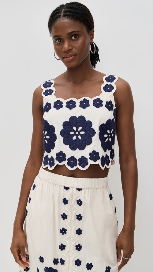 Sample Daily Square Neckline sleeveless Ties At Back Floral Embroidered Casual Tops