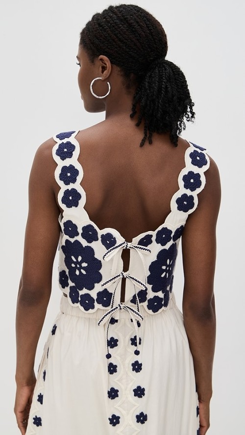 Sample Daily Square Neckline sleeveless Ties At Back Floral Embroidered Casual Tops