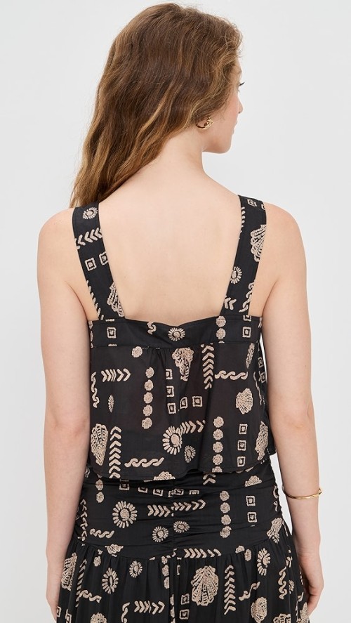 Fashion Daily Sweat-Heart Neckline Sleeveless Ties At Front Beach Seashell Print Casual Tops