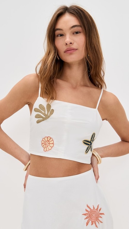 Cute Daily Square Neckline Camisole Backless Smocked Elastic Panels At Back Embroidered Tops
