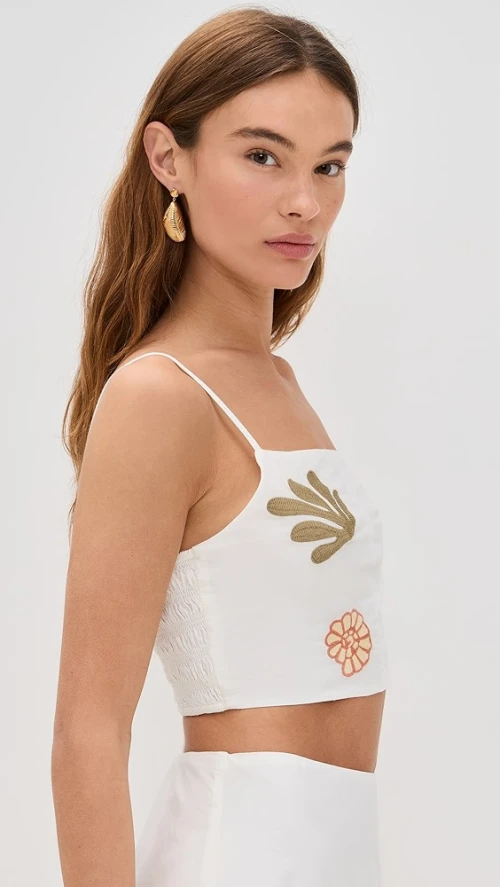 Cute Daily Square Neckline Camisole Backless Smocked Elastic Panels At Back Embroidered Tops