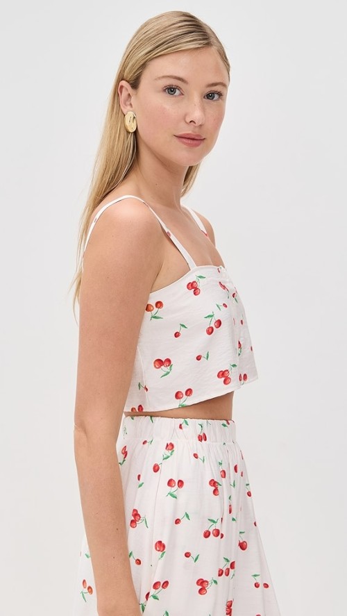 Sample Cute Square Neckline Camisole Backless Button Placket Cherry Print Tops