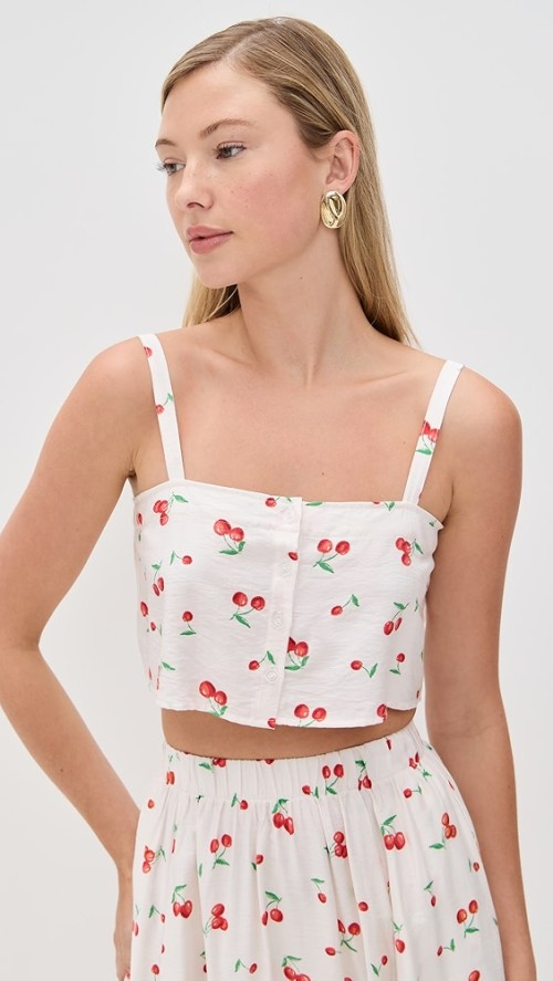 Sample Cute Square Neckline Camisole Backless Button Placket Cherry Print Tops