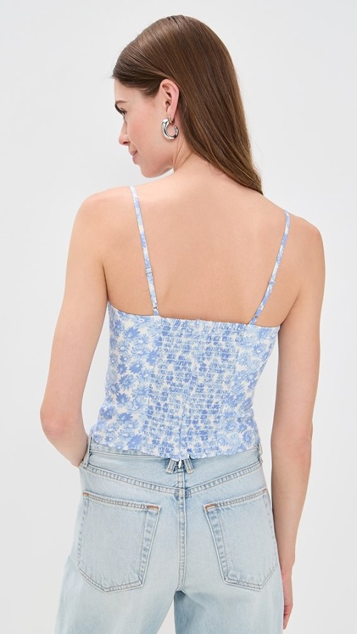 Elegant Daily Camisole Square Neckline Partial Smocked Elastic Back Floral Print Tops