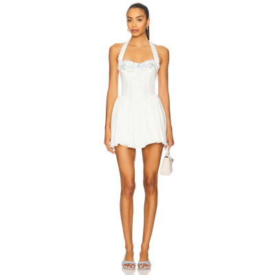 White Embroidered Halter Button Loop Closure Bustier Design Underwire Cups Sweetheart Mini Dress