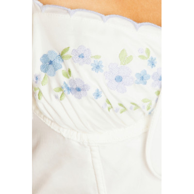 White Embroidered Halter Button Loop Closure Bustier Design Underwire Cups Sweetheart Mini Dress