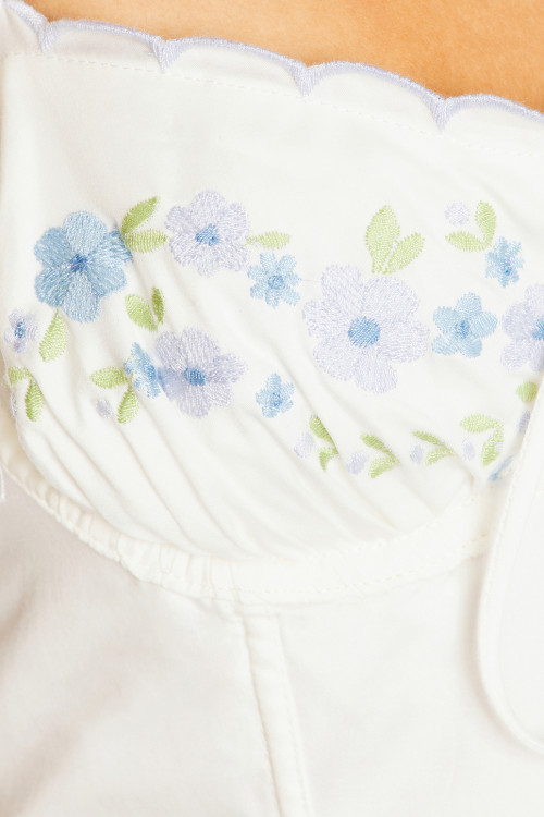 White Embroidered Halter Button Loop Closure Bustier Design Underwire Cups Sweetheart Mini Dress