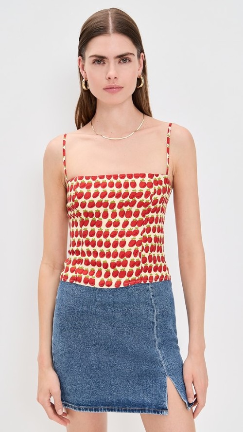 Sample Daily Camisole Sleeveless Partial Smock At Back Apple Print Casual Tops