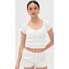 Fashion Sample Sweat-Heat Neckline Puff Sleeve Lace And Ruffle Trim Casual Tops