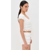 Fashion Sample Sweat-Heat Neckline Puff Sleeve Lace And Ruffle Trim Casual Tops