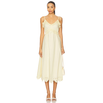 Cream Colored Midweight Poplin Ruffled Eyelet Trim Tie Straps Midi Dress