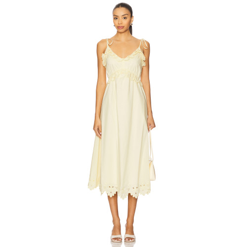 Cream Colored Midweight Poplin Ruffled Eyelet Trim Tie Straps Midi Dress
