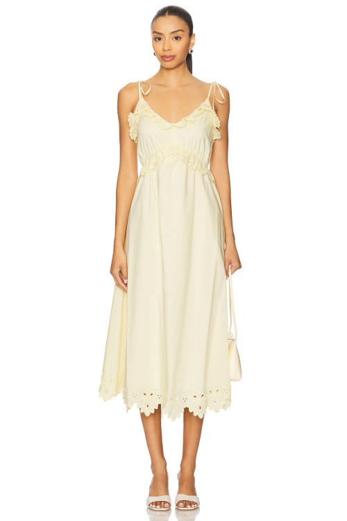 Cream Colored Midweight Poplin Ruffled Eyelet Trim Tie Straps Midi Dress