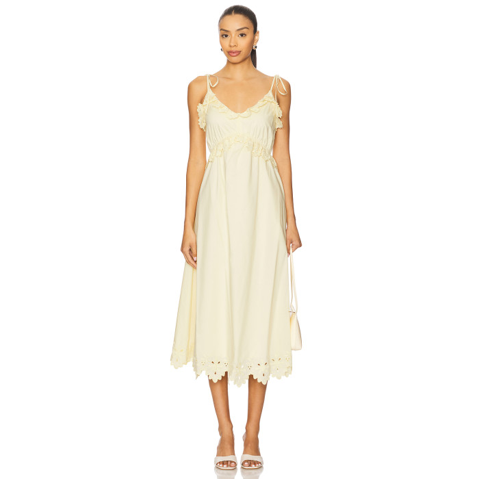 Cream Colored Midweight Poplin Ruffled Eyelet Trim Tie Straps Midi Dress