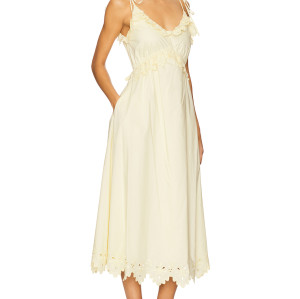 Cream Colored Midweight Poplin Ruffled Eyelet Trim Tie Straps Midi Dress