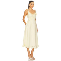 Cream Colored Midweight Poplin Ruffled Eyelet Trim Tie Straps Midi Dress