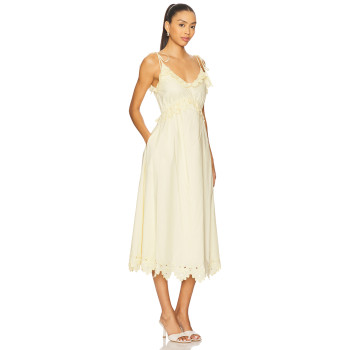 Cream Colored Midweight Poplin Ruffled Eyelet Trim Tie Straps Midi Dress