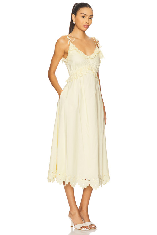 Cream Colored Midweight Poplin Ruffled Eyelet Trim Tie Straps Midi Dress