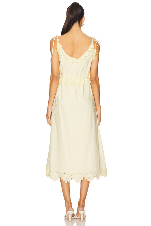 Cream Colored Midweight Poplin Ruffled Eyelet Trim Tie Straps Midi Dress