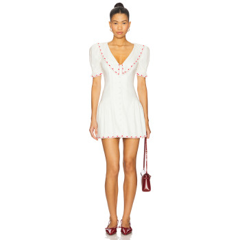 2025 Hot Sale Fashionable White Heart Shaped Embroidery Puff Sleeves V neck Mini dress