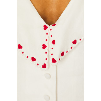 2025 Hot Sale Fashionable White Heart Shaped Embroidery Puff Sleeves V neck Mini dress