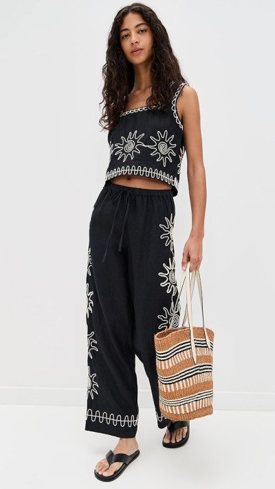 Sample Daily Covered Elastic Waist With Drawstring Sun Embroidery At Sides Pants