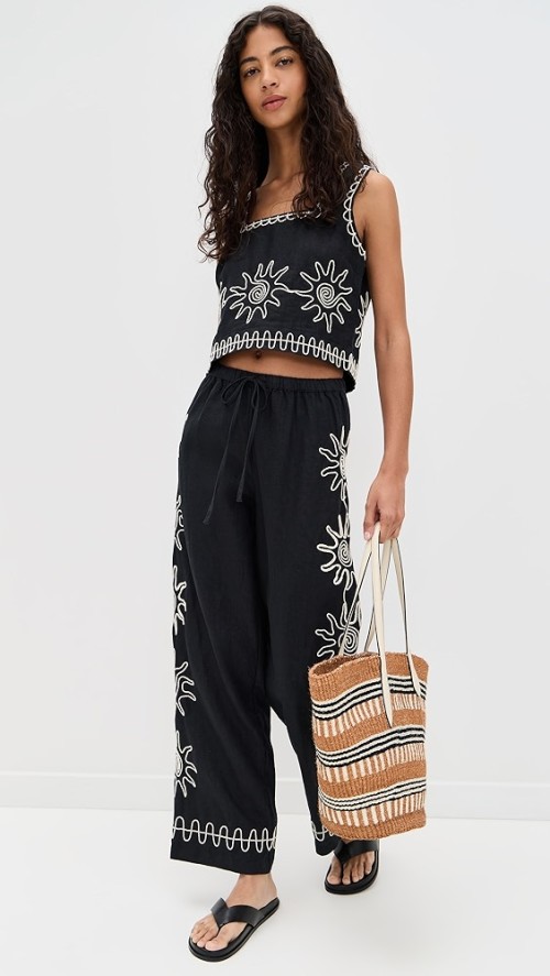 Sample Daily Covered Elastic Waist With Drawstring Sun Embroidery At Sides Pants