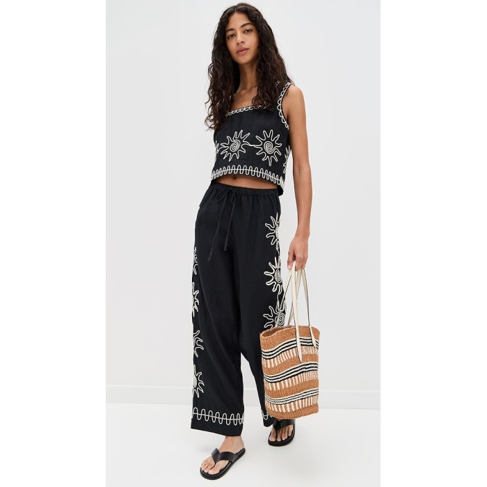 Sample Daily Covered Elastic Waist With Drawstring Sun Embroidery At Sides Pants