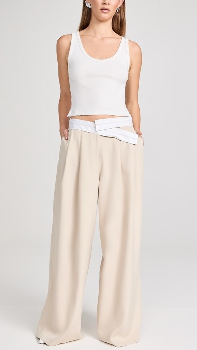 Daily Sample Pleated Front Contrast Asymmetric Waistband Solid Color Pants