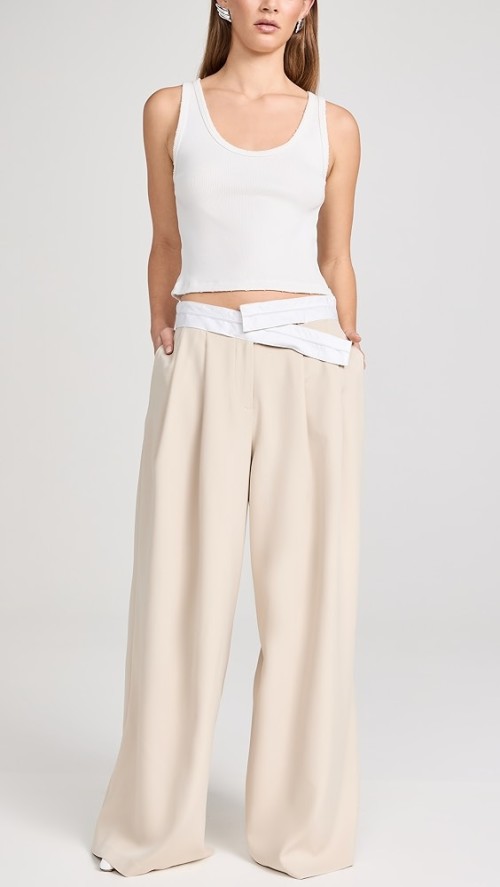 Daily Sample Pleated Front Contrast Asymmetric Waistband Solid Color Pants