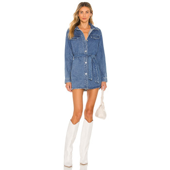 New style Slim High quality Denim Front Belt Classical V neck Hot sale Woman's Mini Dress