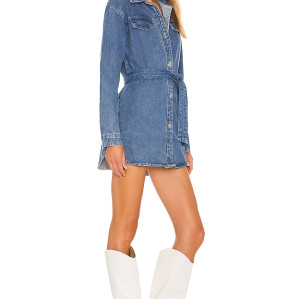 New style Slim High quality Denim Front Belt Classical V neck Hot sale Woman's Mini Dress