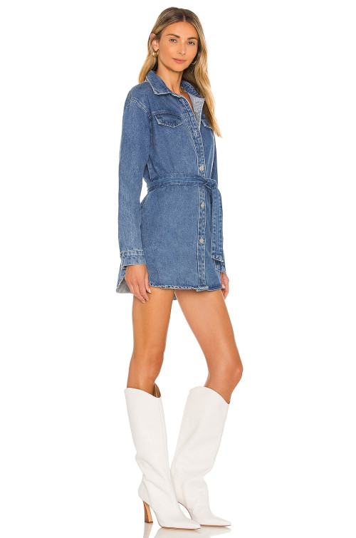 New style Slim High quality Denim Front Belt Classical V neck Hot sale Woman's Mini Dress