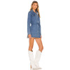 New style Slim High quality Denim Front Belt Classical V neck Hot sale Woman's Mini Dress