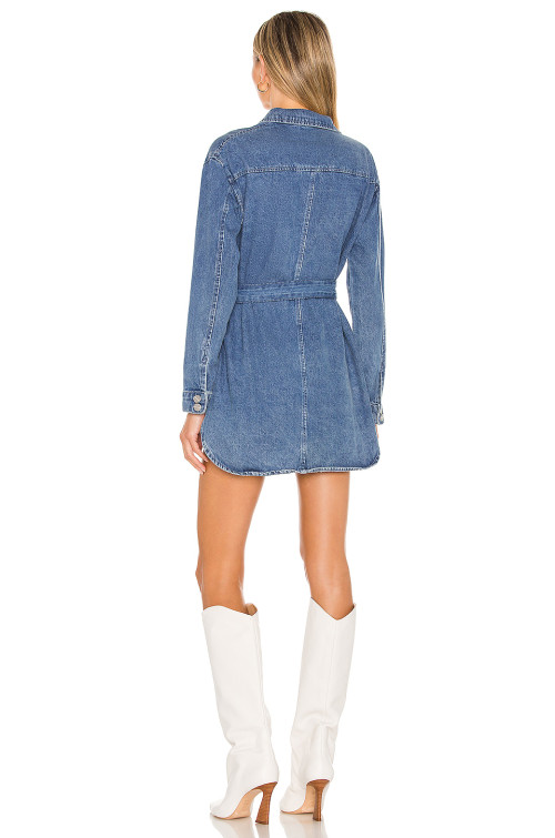 New style Slim High quality Denim Front Belt Classical V neck Hot sale Woman's Mini Dress