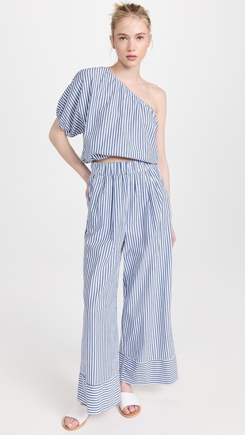 Fashion Casual Striped Pattern Slant Hip Pockets Covered Elastic Waistband Pants