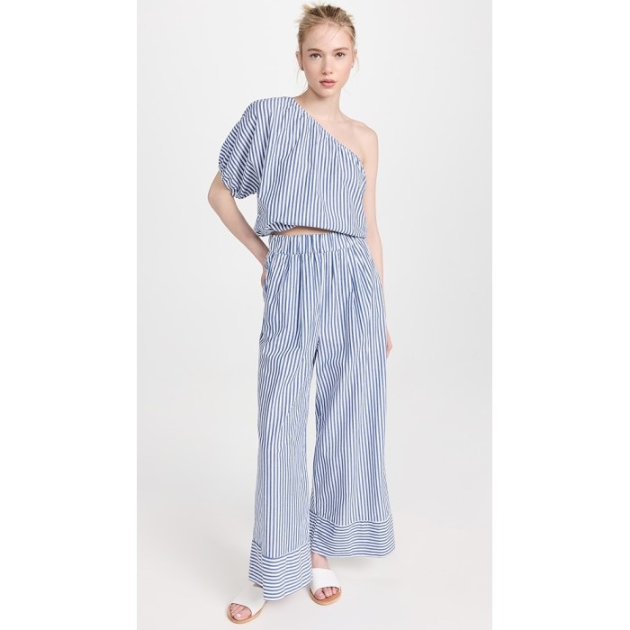 Fashion Casual Striped Pattern Slant Hip Pockets Covered Elastic Waistband Pants