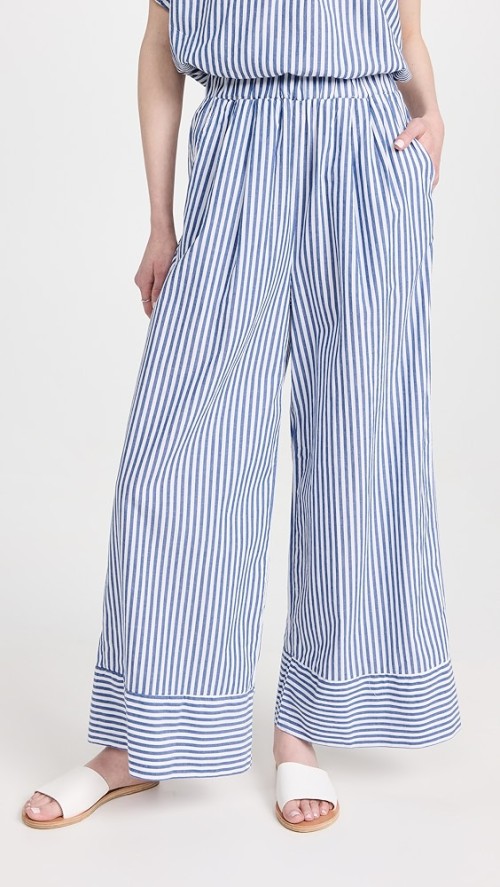 Fashion Casual Striped Pattern Slant Hip Pockets Covered Elastic Waistband Pants