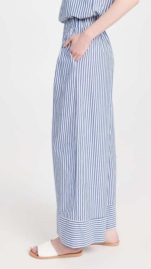 Fashion Casual Striped Pattern Slant Hip Pockets Covered Elastic Waistband Pants