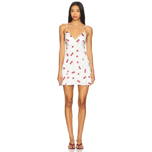 Fresh Sweet Cherry Printed Back Revealing Tie up Spaghetti Strap Body Hugging Mini Dress