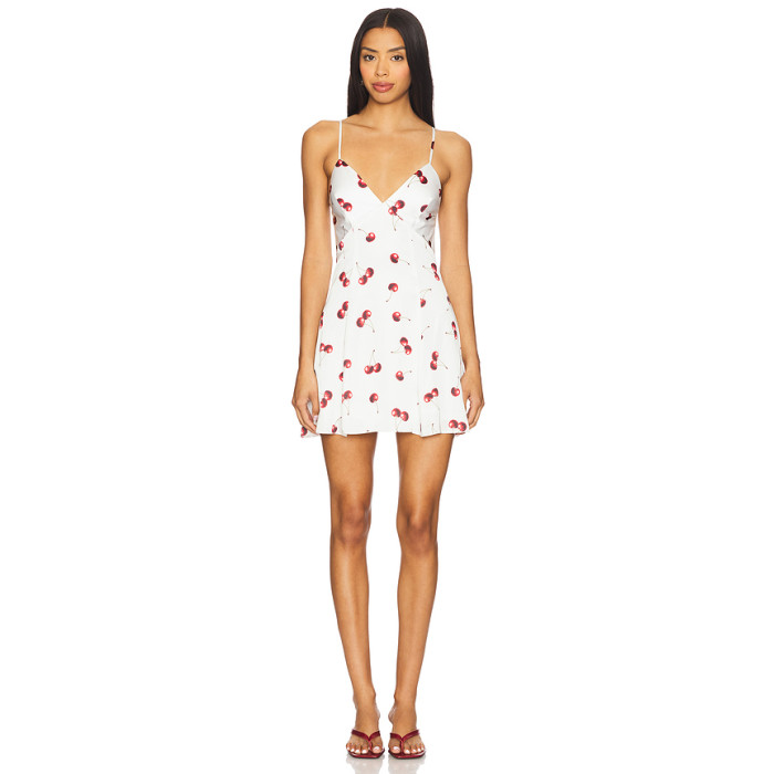 Fresh Sweet Cherry Printed Back Revealing Tie up Spaghetti Strap Body Hugging Mini Dress