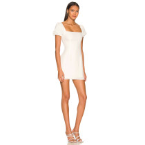 Retro Square Neck Puff Sleeve Light Weight Crepe Fabric Figure Hugging White Mini Dress