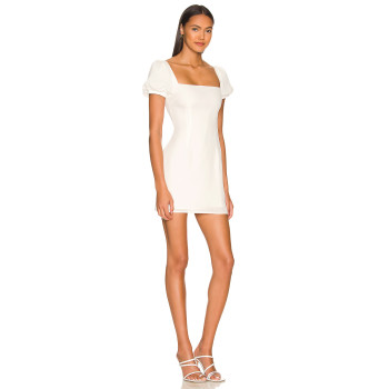 Retro Square Neck Puff Sleeve Light Weight Crepe Fabric Figure Hugging White Mini Dress