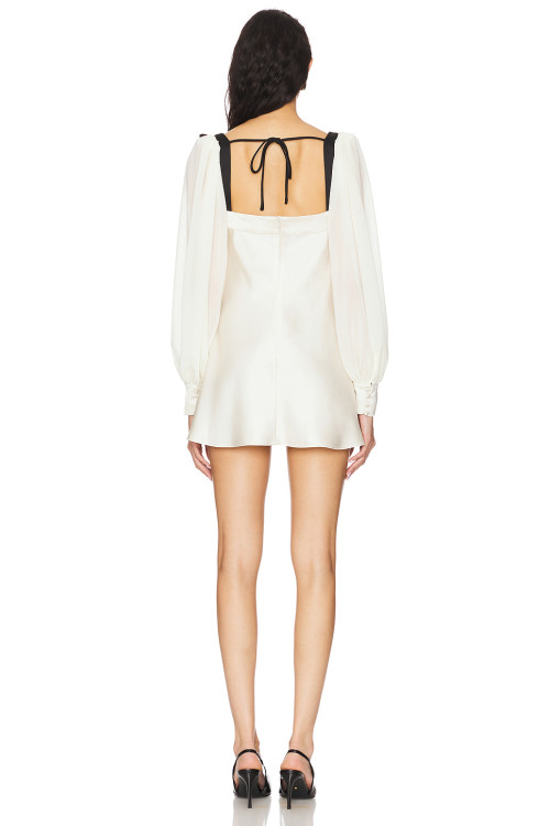 French Style Retro Black White Contrast Bow Tie Open Back Puff Sleeve Mini Dress