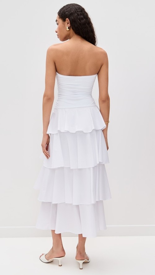 Elegant Sample Bandeau Neckline Sleeveless Solid Color Ruffle Tight Waist Tiered Skirt